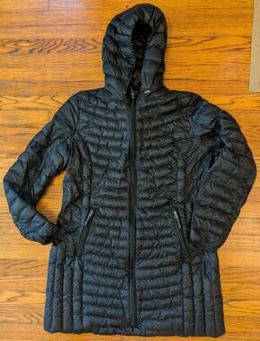 Heat Keep Packable Down Hood Jacket Women's Large Black Mid Length Coat